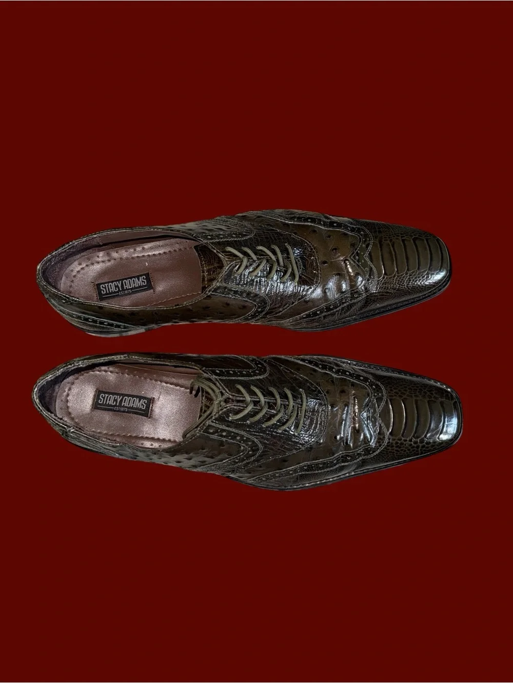 Stacy Adams Men's Olive Green Ostrich Print Wingtip Oxford Dress Shoes Size 13